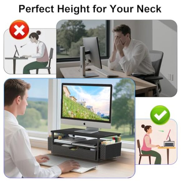 Wood Monitor Stand with Drawer and Pen Holders, Desk Organizer for Office - Picture 4 of 8